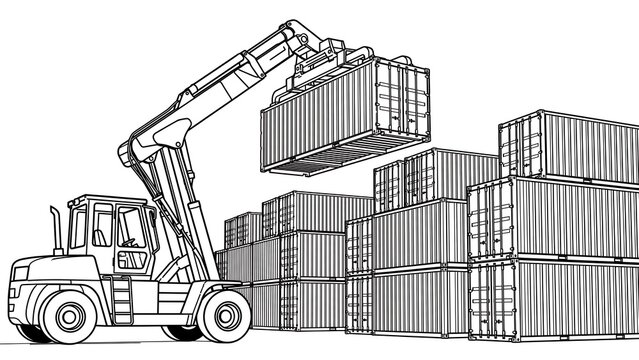 Forklift lifting shipping containers white background.