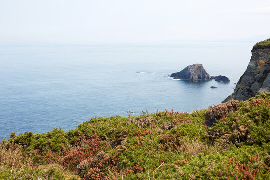 Scenic view of a rocky islet and sea stack off the coastal cliffs with green heathland in Asturias, Spain