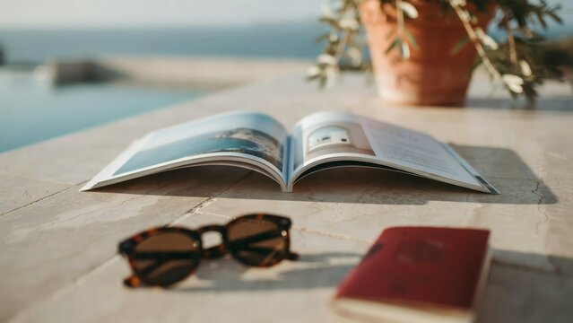 Open travel magazine with sunglasses and a passport on a stone table overlooking the sea during a sunny vacation