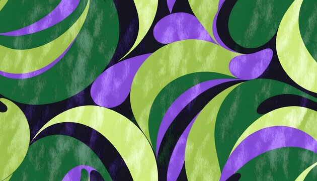 Curved organic leaf shapes and fluid patterns. Modern abstract botanical design and wallpaper. Colorful flowing wave shapes in green and purple