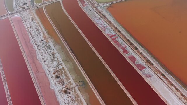 Vibrant salt evaporation ponds display pink, red, orange, and brown hues separated by narrow earthen dikes. Aerial shows geometric patterns and mineral-rich water at India's largest inland salt lake.
