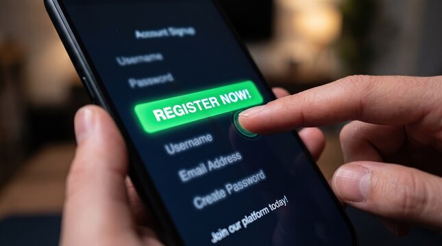 Register Now button on smartphone, mobile app account signup screen, finger tapping green enter, close up of hand using digital technology, web security concept with visible text