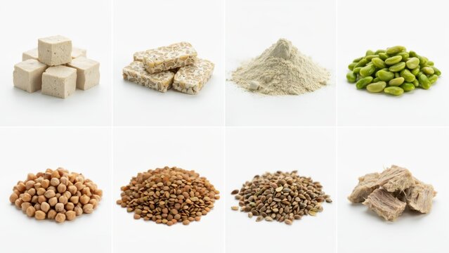 Collage of various plantbased protein sources including tofu, tempeh, beans, lentils, and seeds isolated on white background