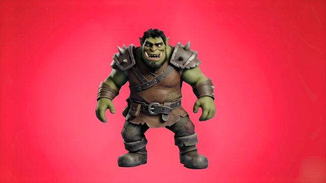 A powerful 3D fantasy orc warrior in spiked leather armor performing a funny dance animation against a bright red studio backdrop. Perfect for RPG game promos, fantasy video intros, gaming channels, a