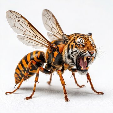 Fantasy hybrid tiger wasp creature roaring on white background.