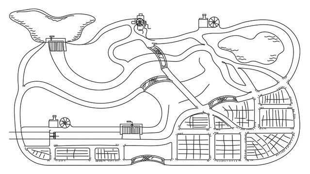 Detailed amusement park map illustration white background.