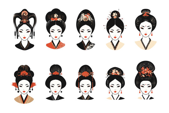 Collection of diverse traditional japanese women hairstyles and cultural portraits.