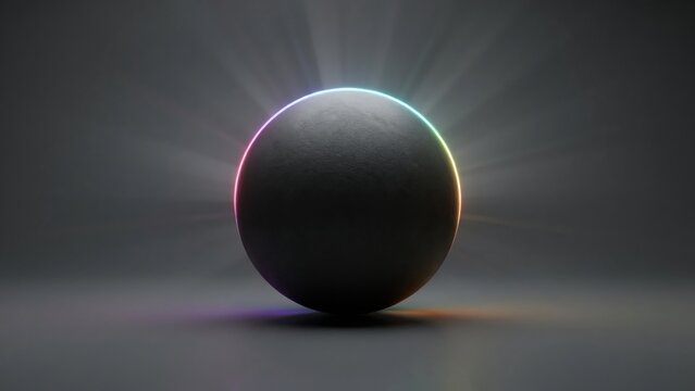 Abstract dark sphere with a glowing neon rim and radiating light beams in a minimalist studio setting