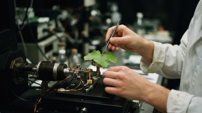 Botanist steadies a green leaf on a microtomography stage with clamp, copper wiring, and visible vascular bundles in a laboratory