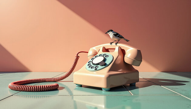 vintage telephone with a bird perched on the receiver against a minimalist pastel background, concept communication and technology