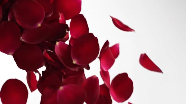 Red rose petals falling against a white background