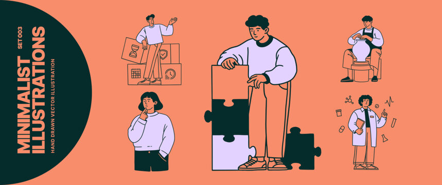 People assembling puzzle, planning, thinking, making pottery and working in laboratory. Minimalist hand drawn vector illustration set. Problem solving and creative work concept.