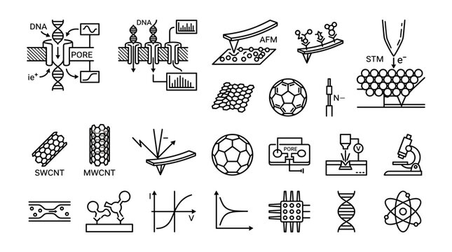 Nanotechnology Icons Set with Dna, Afm, Stm, Swcnt, Mwcnt, and Pore Illustrations. Scientific Research and Technology Concept.
