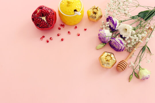Rosh hashanah (jewish New Year holiday) concept. Traditional symbols