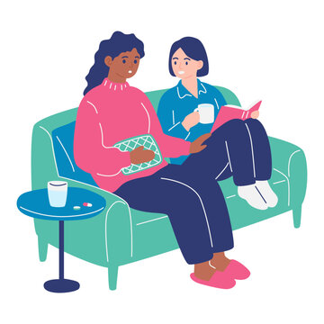 Friend caring for woman resting on sofa with heating pad and medication, pain relief home healthcare concept
