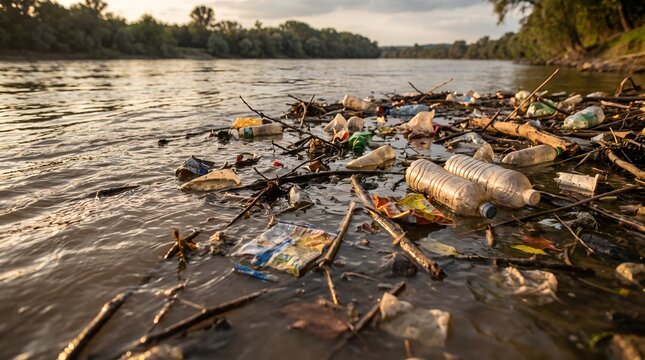 Plastic pollution with bottles and trash floating in a river at sunset