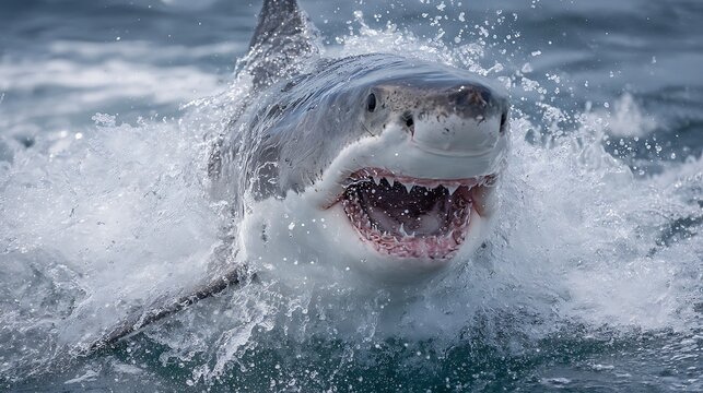 Great white shark breaching water, splashing, marine predator hunting, ocean wildlife action.