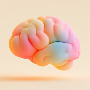 A cute brain shape appears in soft rainbow gradient colors against a cream backdrop. This piece highlights diversity in thought and creativity.
