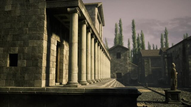 Sunlit colonnade along ancient street, long arcade casting rhythmic shadows over cobblestone pavement and low houses with cypress silhouettes, tranquil forum