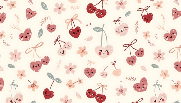 Cute kawaii cherry characters with smiling faces pattern. Sweet fruit illustration and adorable food concepts. Happy little cherries with bows on cream