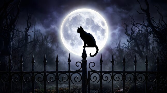 A spooky silhouette a black cat perched against the eerie glow of a full halloween moon