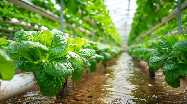 Vibrant green lettuce rows thrive in flowing water hydroponic canal.
