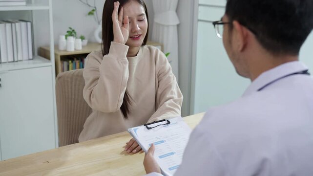 Close-up of a doctor measuring a female patient's blood pressure using a digital monitor at a clinic desk. Medical checkup, healthcare, and hypertension screening concept