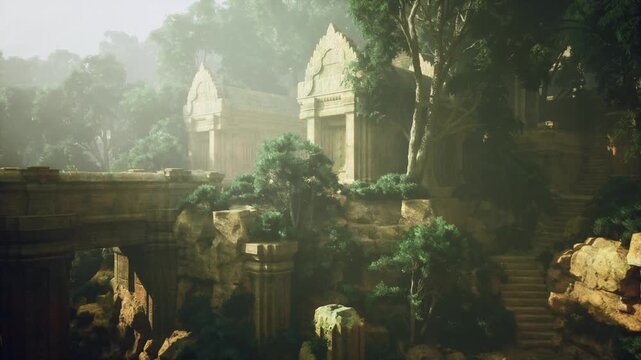 Misty jungle temple ruins at dawn, soft sunlight filtering through canopy, ancient stone bridge draped in moss, dense fog creating cinematic atmosphere,
