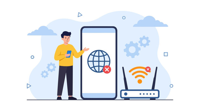 Network connection error vector illustration, man facing wifi router signal failure on smartphone, offline internet problem concept