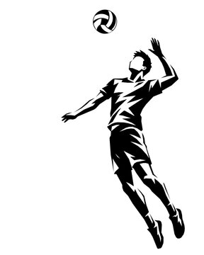 Black volleyball player jumping to spike silhouette on transparent background
