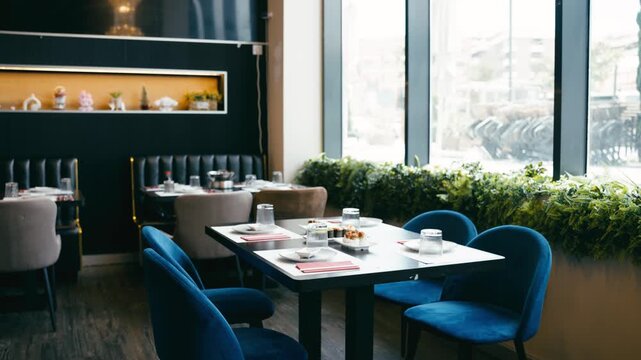 Empty tables waiting for customers in a modern all you can eat Japanese restaurant. Elegant interior with blue velvet chairs and large windows