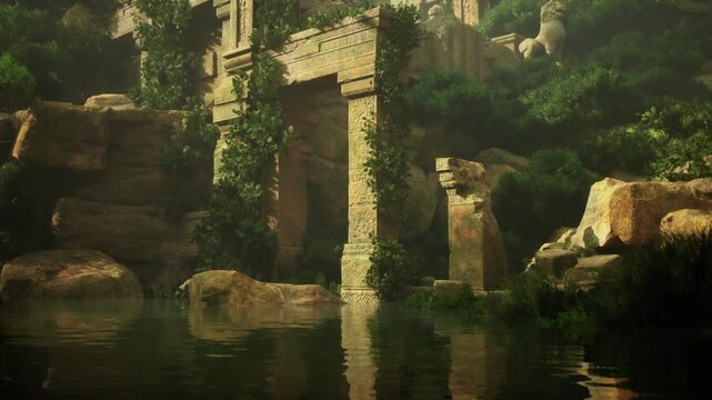 Moss covered pillar doorway near water, intimate closeup of weathered masonry and trailing vines, rich textures and green tones, reflective pool at base