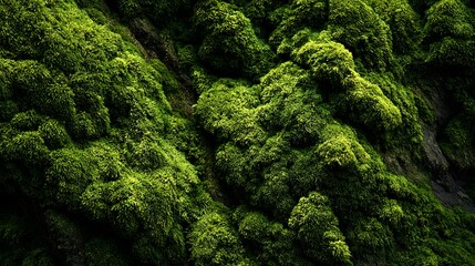 Fototapeta premium Green moss texture covers forest rock surface for organic background.