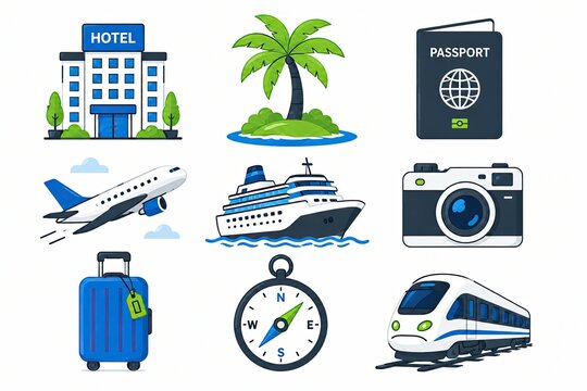 Set of travel and tourism pixel art icons for vacation and trip design