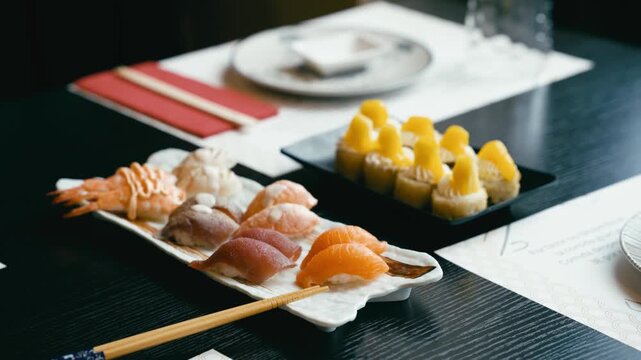 Vibrant selection of Japanese cuisine featuring fresh salmon, tuna, and shrimp nigiri served at a modern all you can eat sushi restaurant