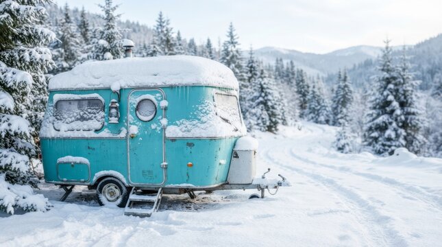 Vintage turquoise caravan trailer covered with snow in winter forest. Cold season camping and travel adventure concept. Snowy mountain landscape with pine tree for holiday getaway