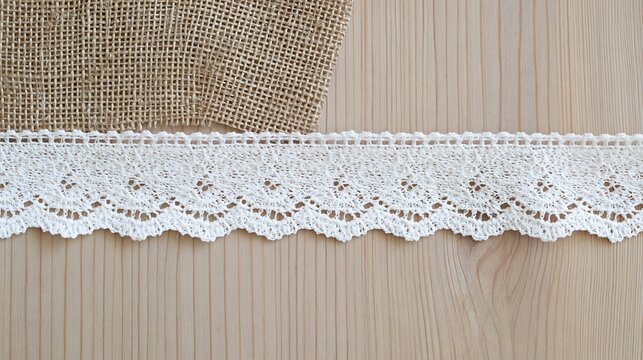 Delicate thin white lace ribbon with simple scalloped edge on wooden background with burlap fabric texture, craft and sewing concept