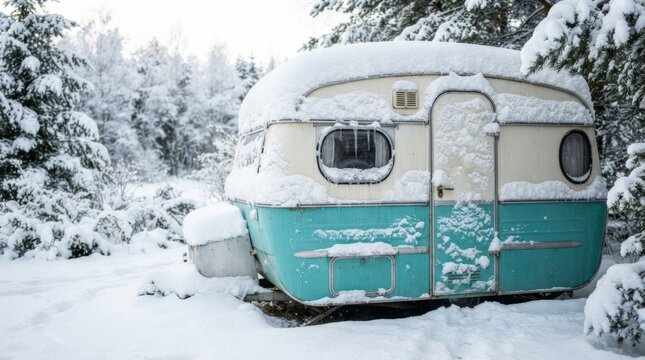Vintage turquoise caravan trailer covered with snow in winter forest. Cold season camping and travel adventure concept. Snowy mountain landscape with pine tree for holiday getaway