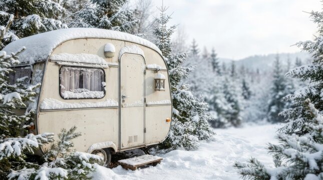 Vintage white caravan trailer covered with snow in winter forest. Seasonal camping and cold weather travel concept. Holiday vacation and outdoor adventure in snowy nature landscape