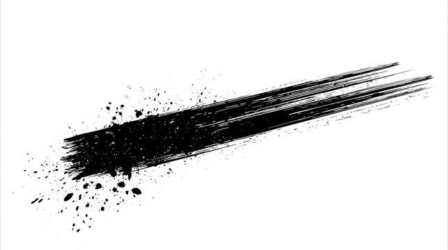 Diagonal line brush stroke from black spray paint with grunge drip and splatters on white background