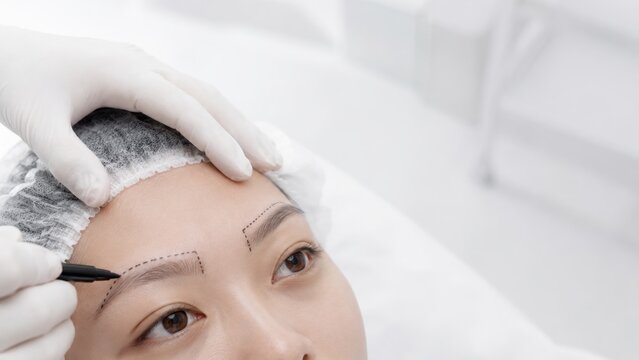 Medical professional marking eyebrow shape on patient face before cosmetic procedure in clinic setting