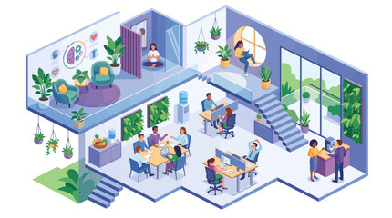 Naklejka premium Isometric Modern Office Design with Wellness Area and Coworking Space Vector