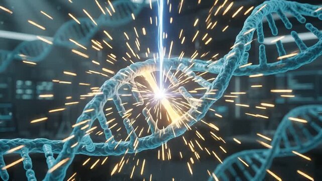 3D Animation of DNA Double Helix Being Damaged or Edited by Laser Beam, Representing Gene Editing and CRISPR Technology