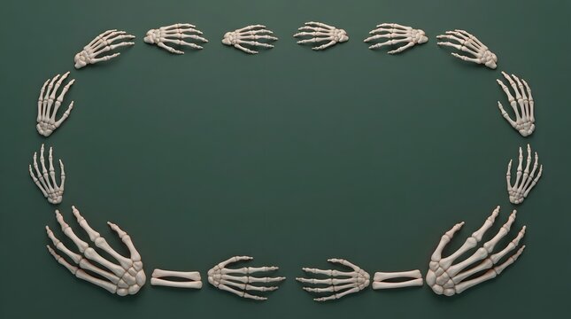 Spooky Halloween background with skeleton hands oval frame on dark green surface with center copy space