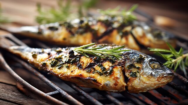 Grilled whole fish with rosemary on bbq grill grates cooking outdoors.