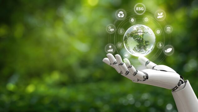 Robotic hand gently holds transparent glass globe surrounded by esg icons representing technology integration in environmental conservation and sustainable development.