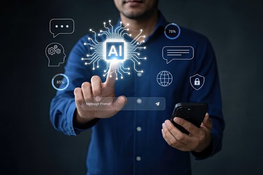Unidentified person interacts with virtual ai assistant interface showing processor icon and smart widgets while holding smartphone for modern software workflow.