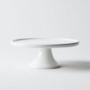 Empty white cake stand on a plain background. Minimalist ceramic pedestal for food display.