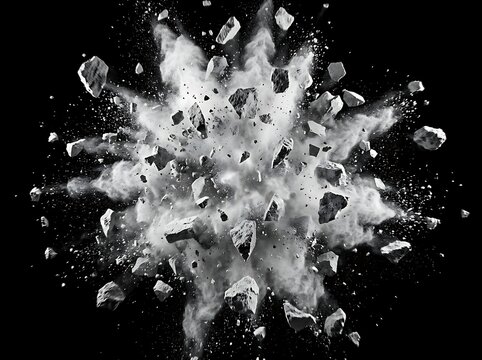 Sharp freeze frame of exploding rock chunks with dust trails flying outward on black background.