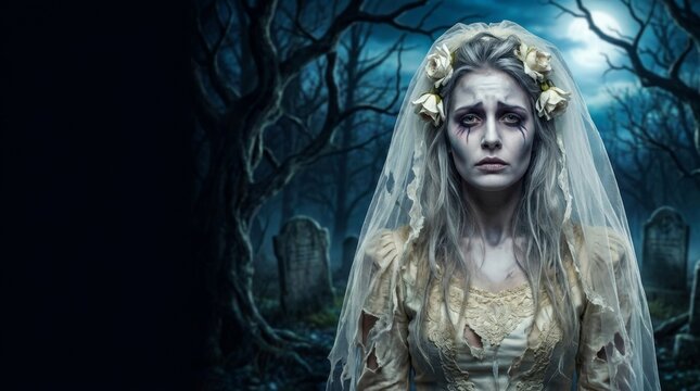 Woman ghost bride in torn wedding dress and veil standing in spooky cemetery at night. Halloween horror fantasy concept with scary undead character under full moon